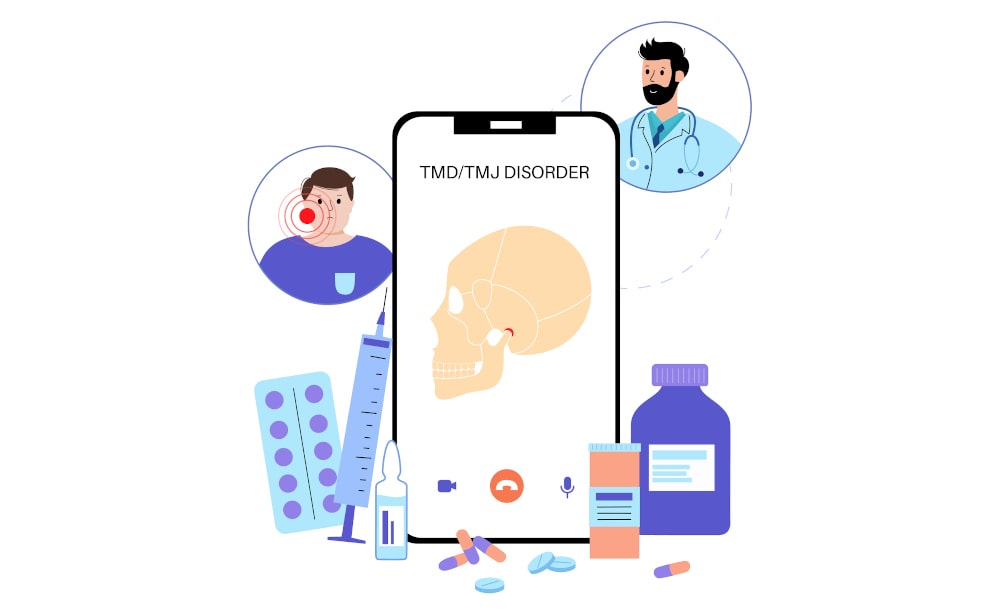 Medical illustration highlighting jaw joint (TMJ) dysfunction and pain triggers